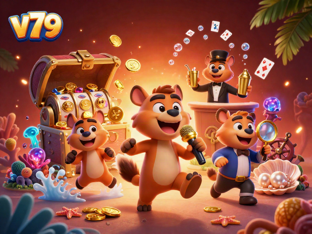 Engage with v79's dynamic casino experience featuring hyenas in action, vibrant gambling elements.