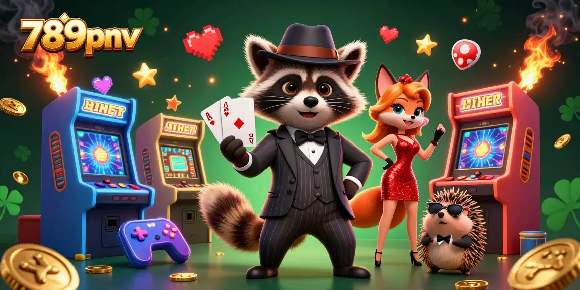 Experience winning excitement with 789pnv as our suave raccoon showcases a royal flush in a lively casino scene.