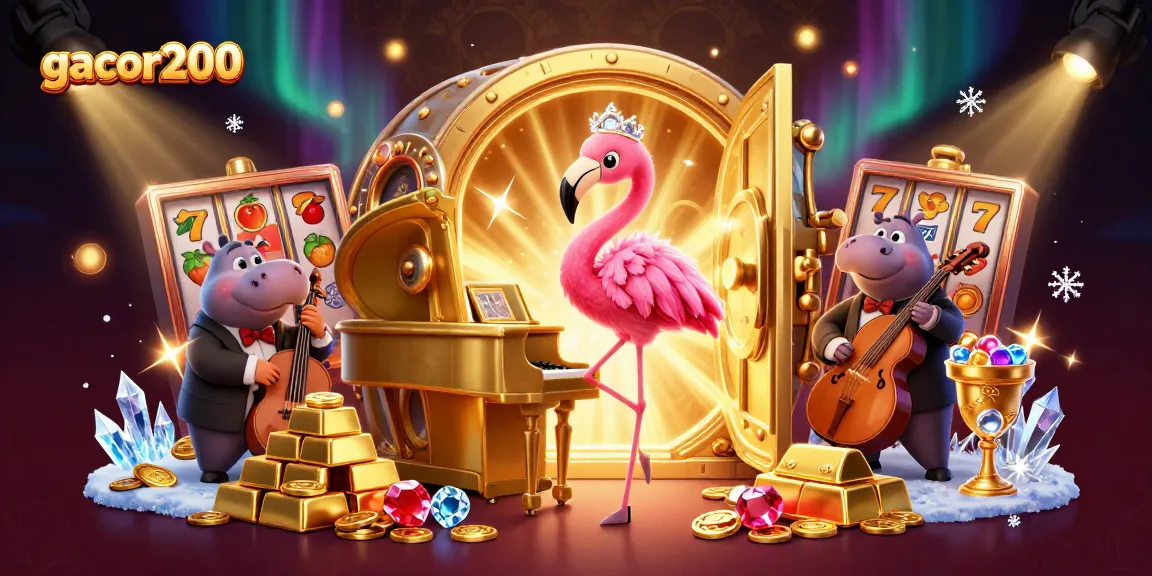 Gacor200 menghadirkan ilustrasi kasino menawan dengan penyanyi flamingo dan bassist hippo, dikelilingi simbol slot dan harta berkilau.