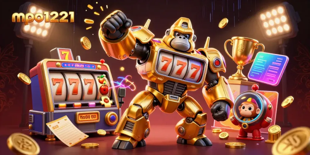 Experience mpo1221's thrilling slots adventure with a golden gorilla mech and casino elements.