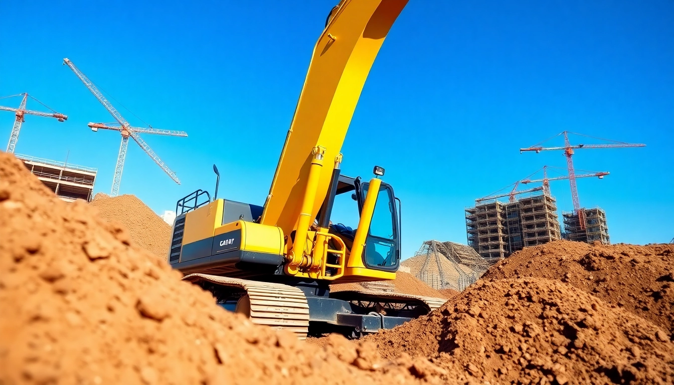 Excavator digging at a construction site with a clear blue sky.