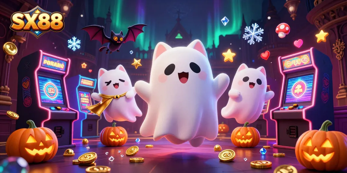 SX88 casino excitement with a ghost cat, vampire bat, and glowing slot elements for thrilling gameplay.