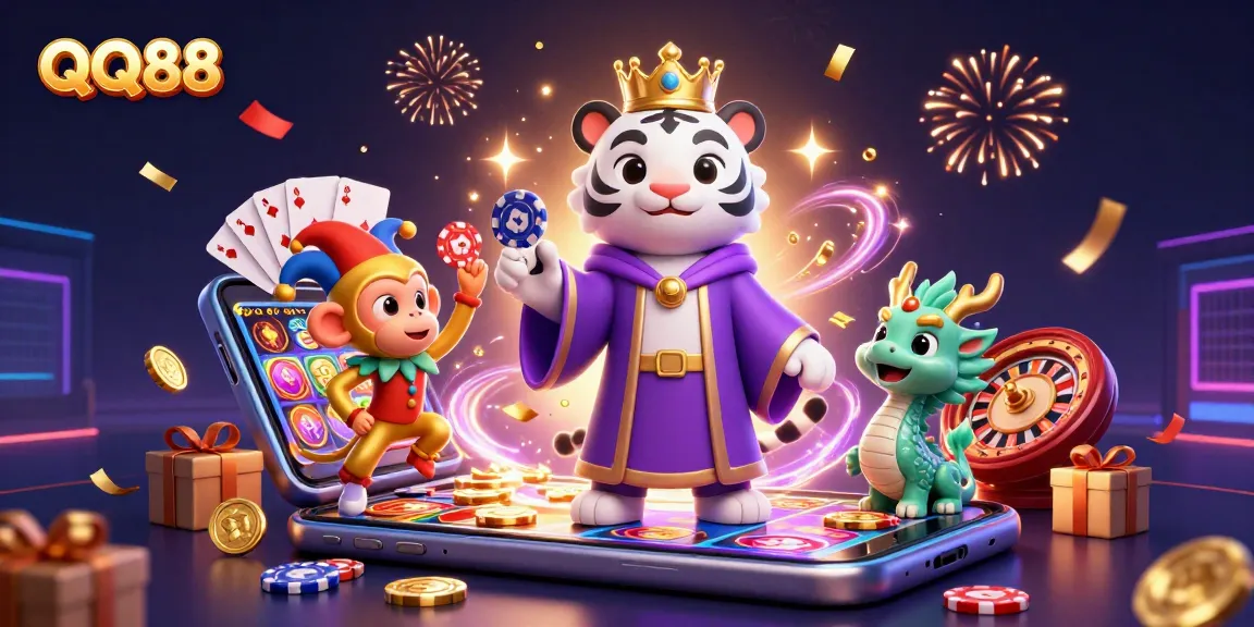 Engage with the QQ88 casino scene featuring a royal tiger and playful monkey amid vibrant gaming elements.