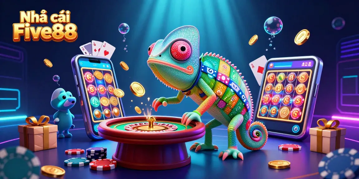 Engage in thrilling gameplay with Nhà cái Five88, illustrated with a vibrant chameleon and dynamic casino elements.