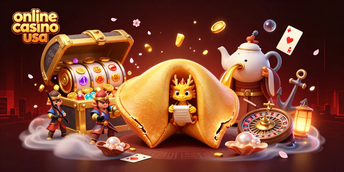 Experience the thrill of the online casino usa with a dynamic scene of fortune and fun, featuring a golden fortune cookie and casino elements.