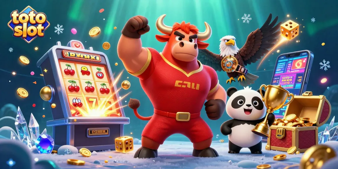 Toto slot illustration with a muscular bull mascot, a bald eagle, and a panda celebrating a jackpot