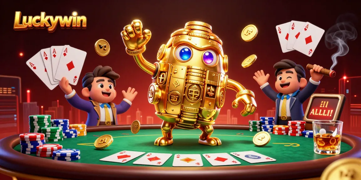 Engage in thrilling poker action at Luckywin with vibrant illustrations of poker chips and golem.
