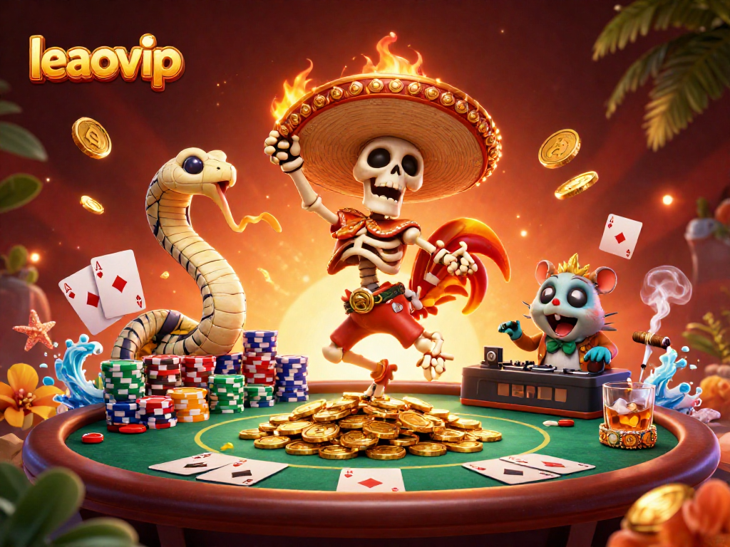 Engage with leaovip's vibrant casino scene featuring skeleton mariachi, mummy snake, and DJ hamster celebrating on poker elements.