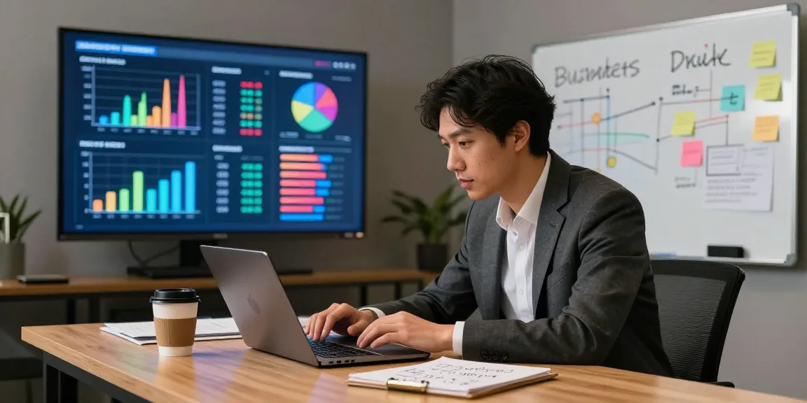Entrepreneur analyzing market data for buying a business in a modern office setting.