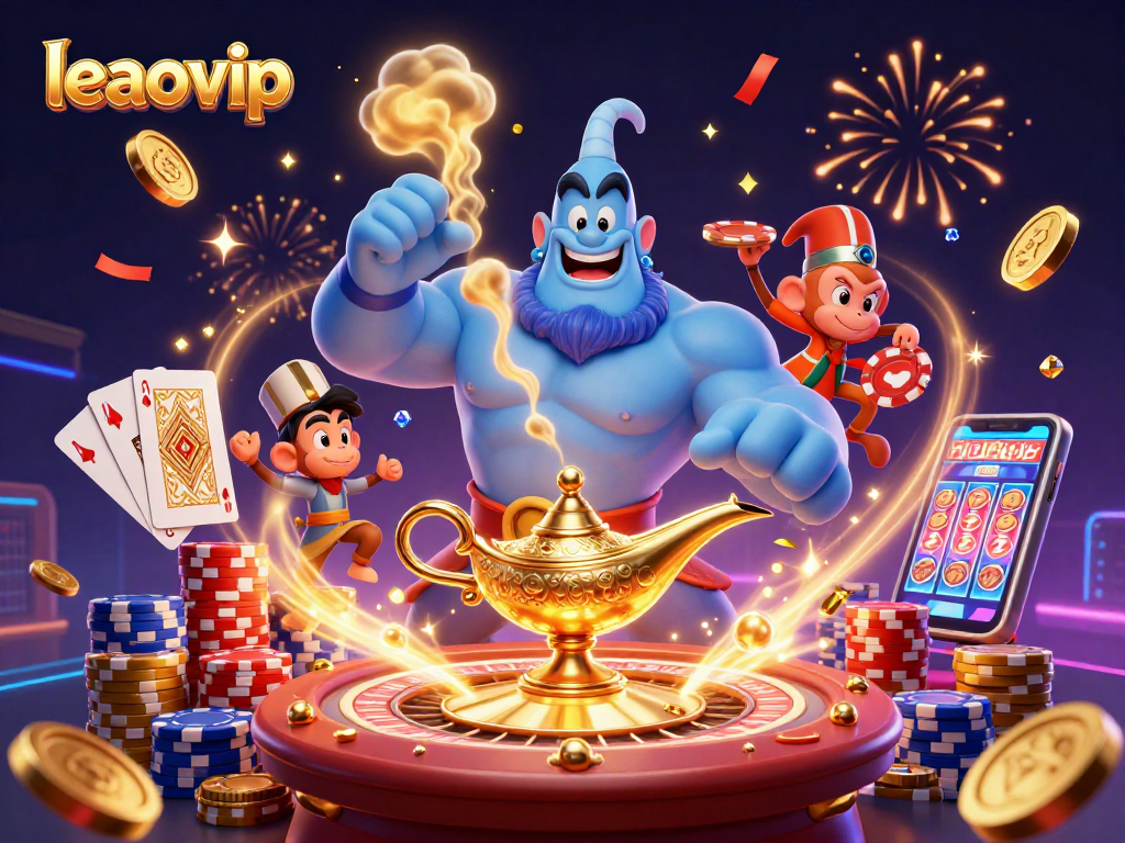 Melihat platform leaovip dengan lampu genie yang menyala, koin emas terbang, dan karpet ajaib.