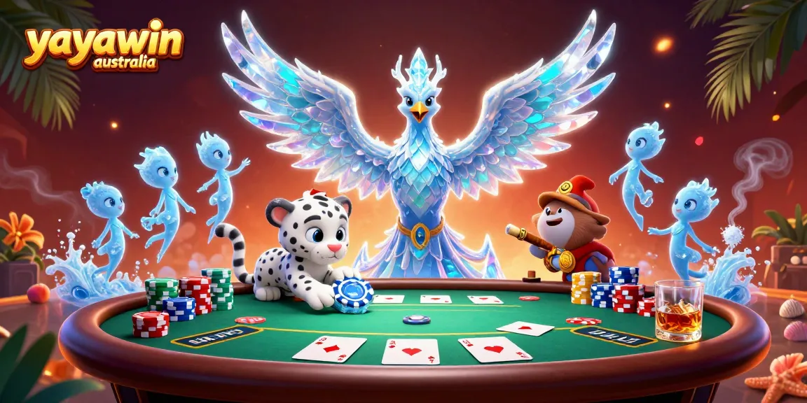 Win big at yayawin australia with a dazzling casino scene featuring an ice phoenix and poker elements.
