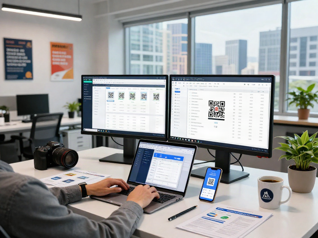 Professional workspace showcasing digital finance tools and slot qris QR code generation.