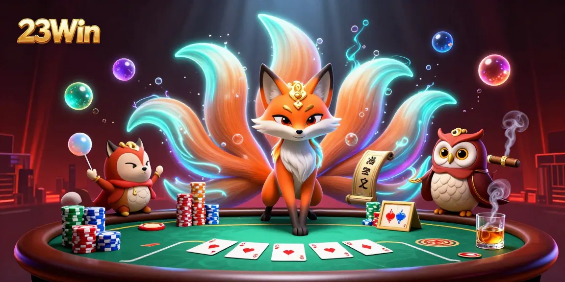 Experience the thrilling atmosphere of poker at 23Win with a vibrant scene featuring a glowing nine-tailed fox and wise owl.