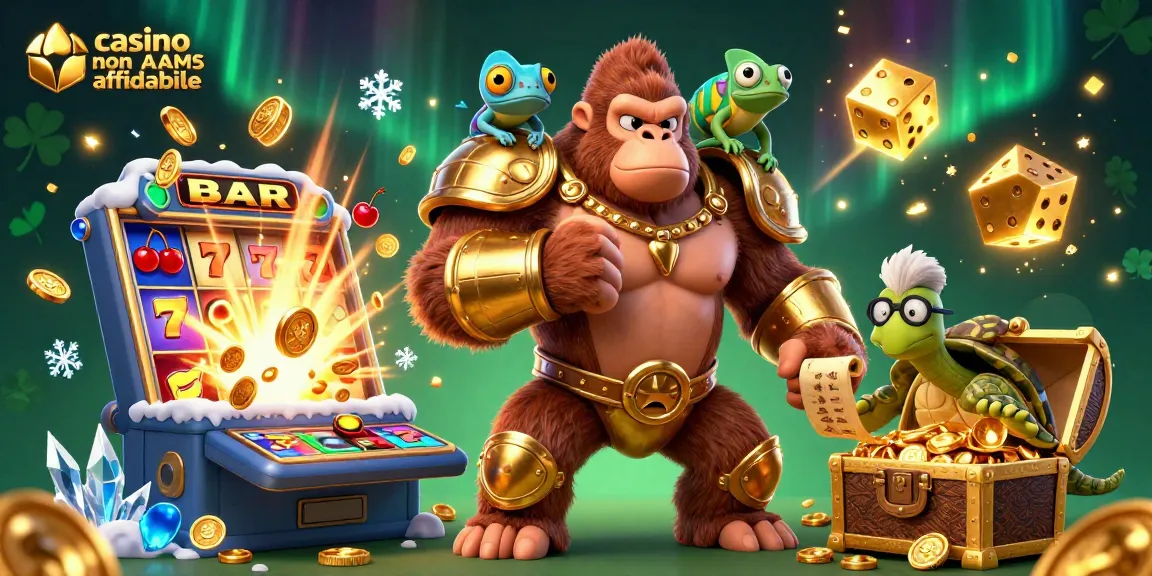 Giocando nel casino non AAMS affidabile, un gorilla potente esplode in vincite con colori vivaci e simboli di fortuna.