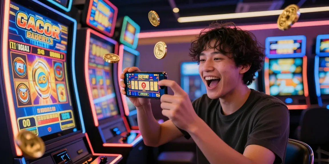 Merayakan kemenangan besar dalam permainan slot gacor dengan layar jackpot di tangan.