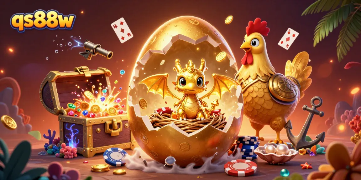 Join thrilling action at qs88w as a golden dragon springs from a cracking egg, surrounded by poker and marine treasures.