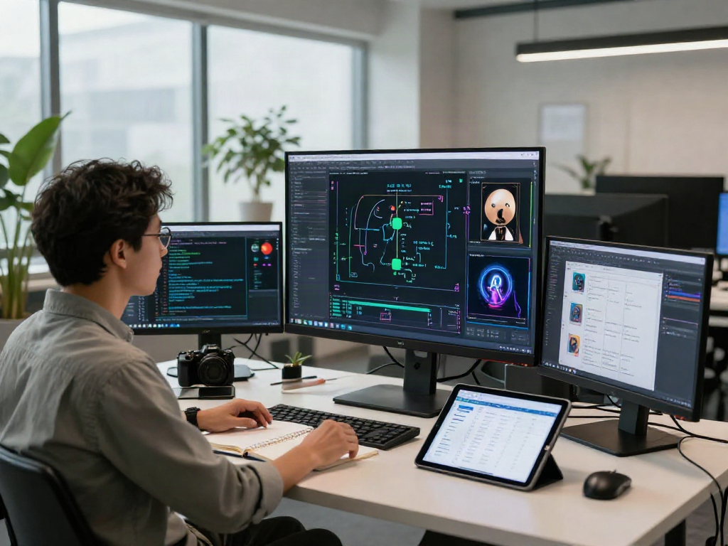 Data scientist utilizing AI Image Detection tools in a modern tech workspace to analyze AI-generated visuals.