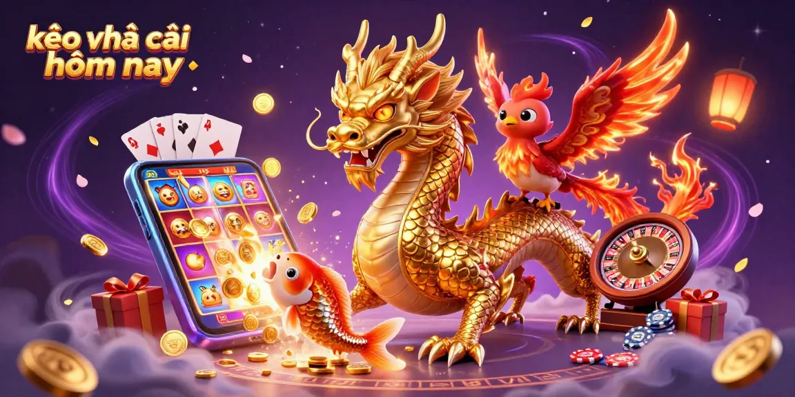 Engage with kèo nhà cái hôm nay in a vibrant 3D scene featuring a dragon, phoenix, and animated gambling elements.