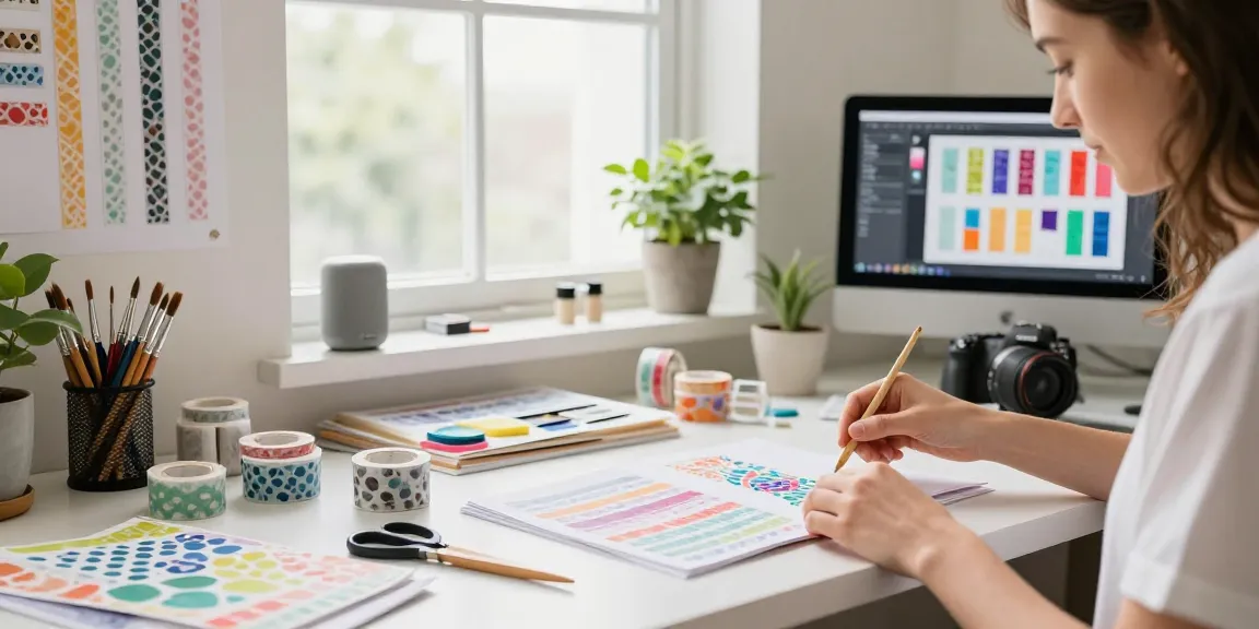 Custom washi tape creation process in a bright workspace with colourful designs and art supplies.