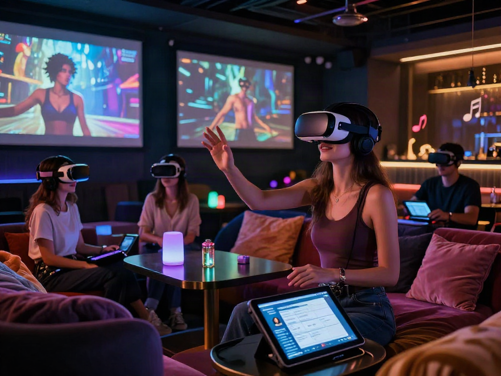 Engaging scene of diverse individuals interacting with AI porn technology in a luxurious lounge setting.