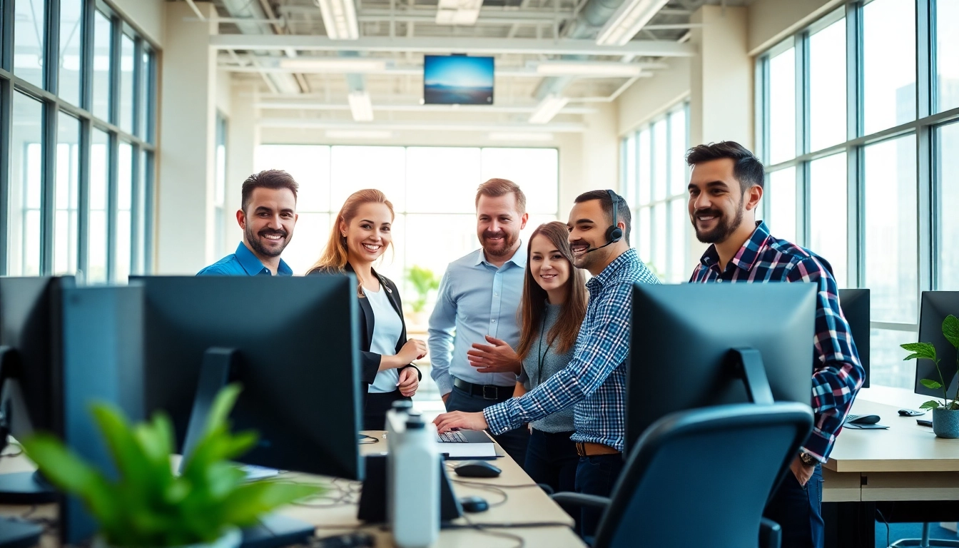 Showcasing it support for small businesses with a diverse team collaborating in a bright office.