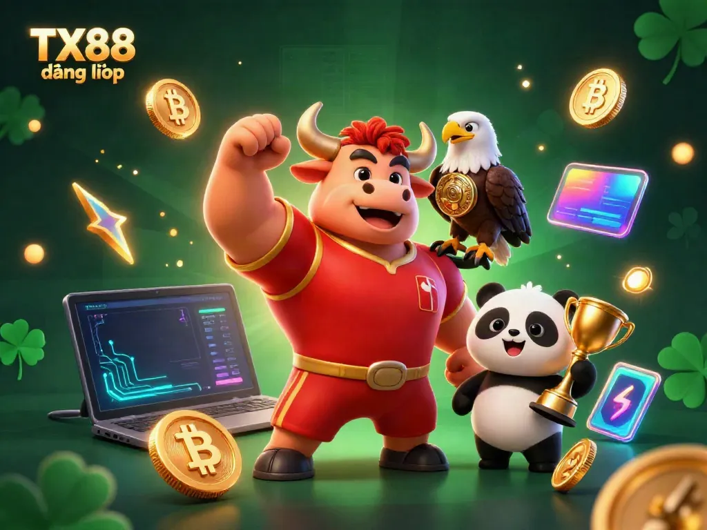 Experience the thrill of TX88 đăng nhập with a 3D scene showcasing winning characters in a vibrant casino atmosphere.