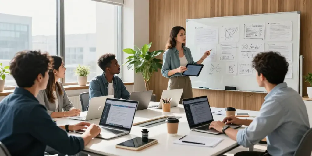 Diverse team collaborating in a modern office on AI copywriting in French, showcasing laptops, notes, and presentations.