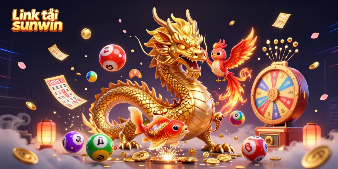 Experience the thrill of Link tải sunwin with this dynamic casino-themed illustration featuring vibrant game elements and mythical creatures.