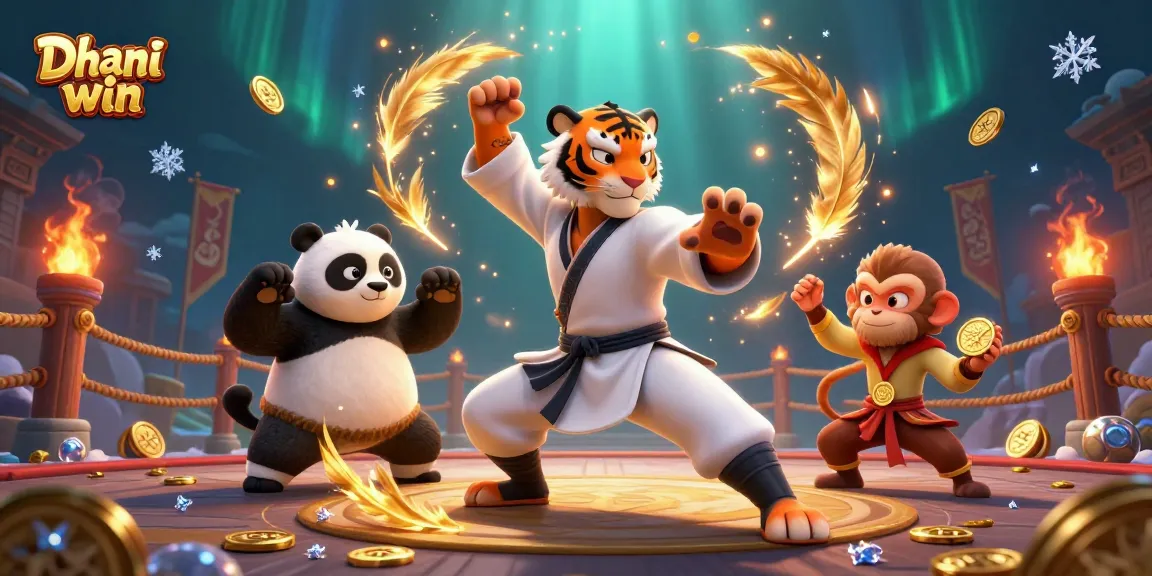 Dhani win players enjoy thrilling gaming with the kung fu tiger master amidst swirling golden coins and betting tokens.