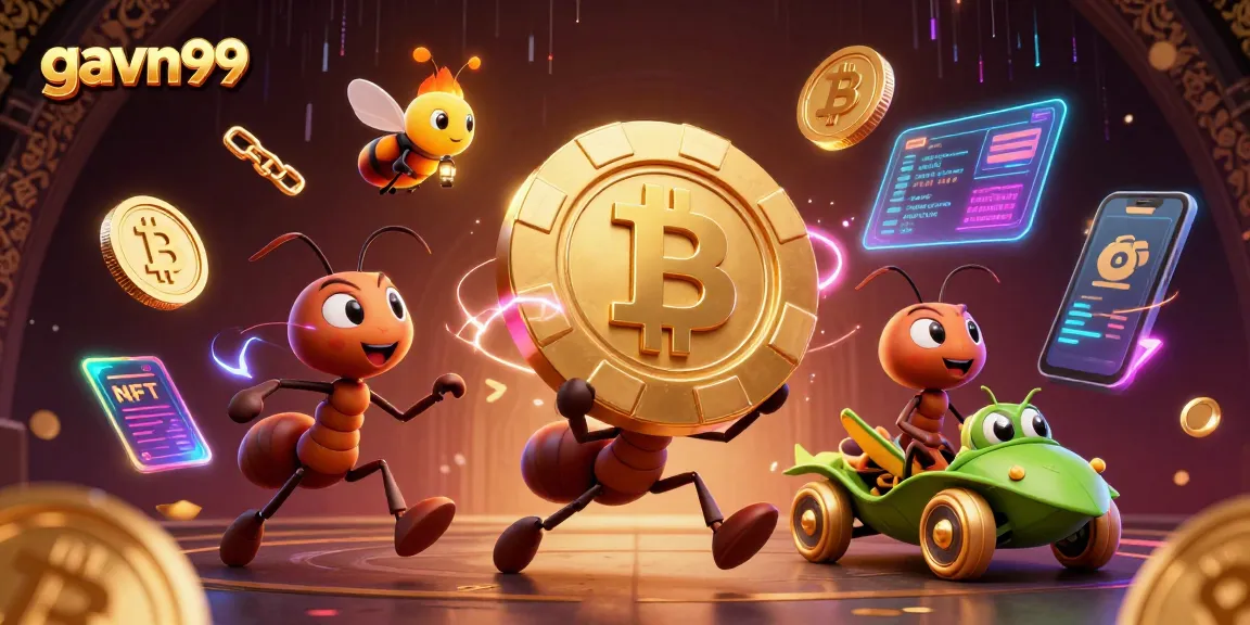Experience thrilling heist action with gavn99's vibrant 3D illustration of cartoon ants, poker chip, and crypto elements