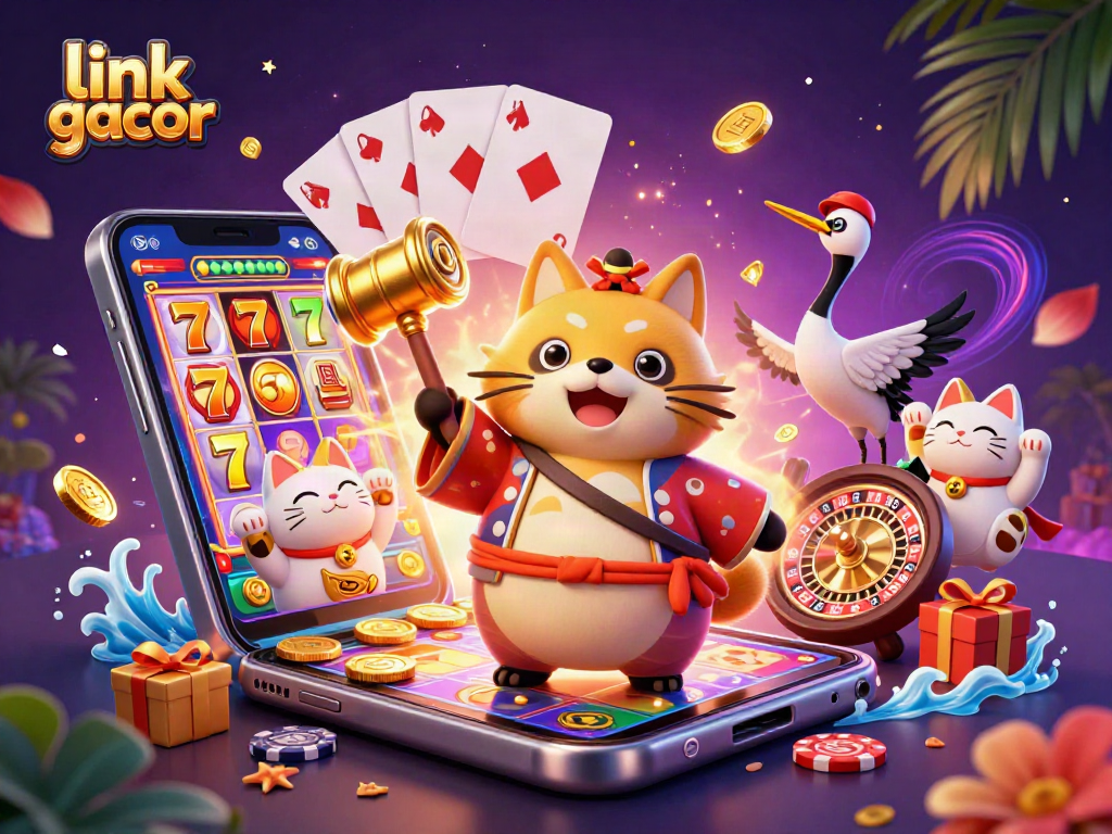 Win big with link gacor in an exciting casino-themed scene featuring tanuki, samurai, and lucky cats.
