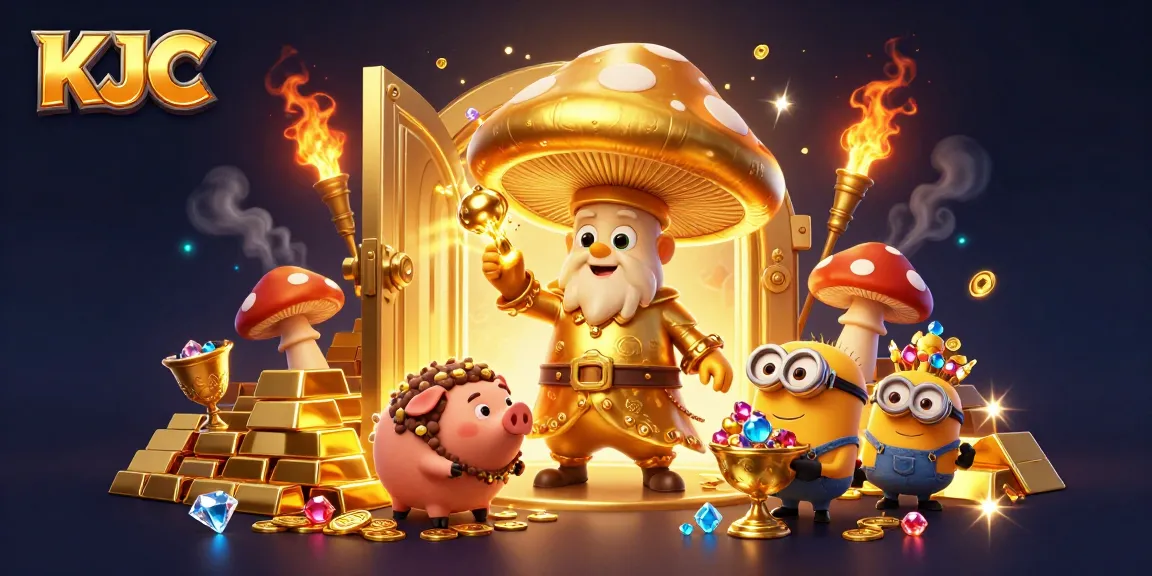 KJC brings treasure to life with golden characters and magical gems in this vibrant casino illustration.