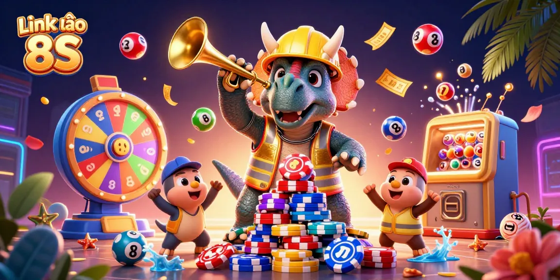 Win big at Link vào 8S, featuring dynamic characters and vibrant casino imagery.