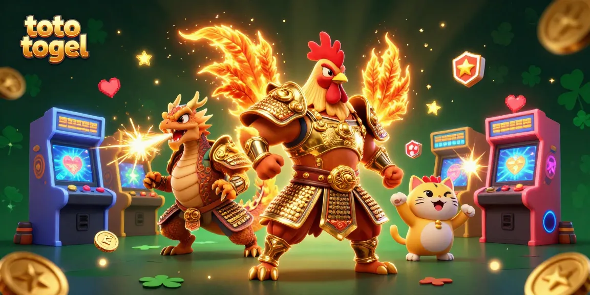 Engage with exciting toto togel games featuring a powerful rooster warrior and a dragon hatchling in a vibrant casino scene.