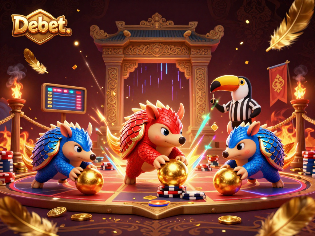Debet. showcases a lively scene of rival pangolins in a spectacular gambling arena.