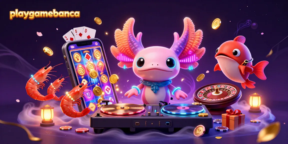 Engage with playgamebanca's vibrant axolotl DJ and shrimp crew in a colorful casino scene.
