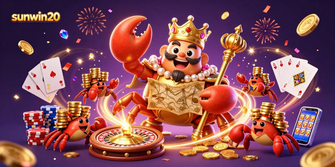 Experience the excitement of sunwin20 with a vibrant 3D casino scene featuring a golden crab emperor.