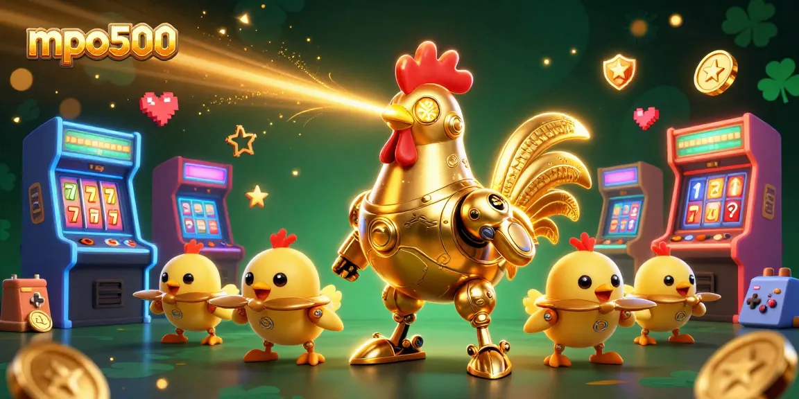 Engage with mpo500's thrilling gaming experience featuring a golden rooster robot and arcade elements.