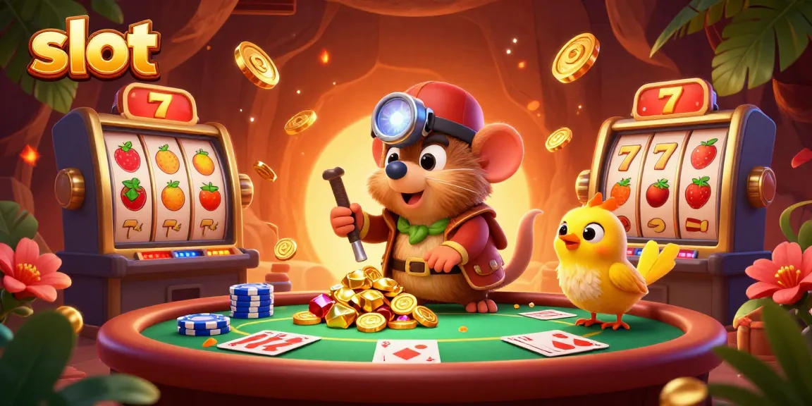 Dalam ilustrasi kasino yang dinamis, slot berputar dikelilingi oleh karakter penambang lucu dengan deposit emas.