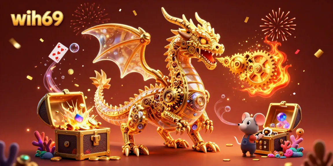 Menangkan game seru di wih69 dengan naga emas mekanis dan harta karun yang menggembung.