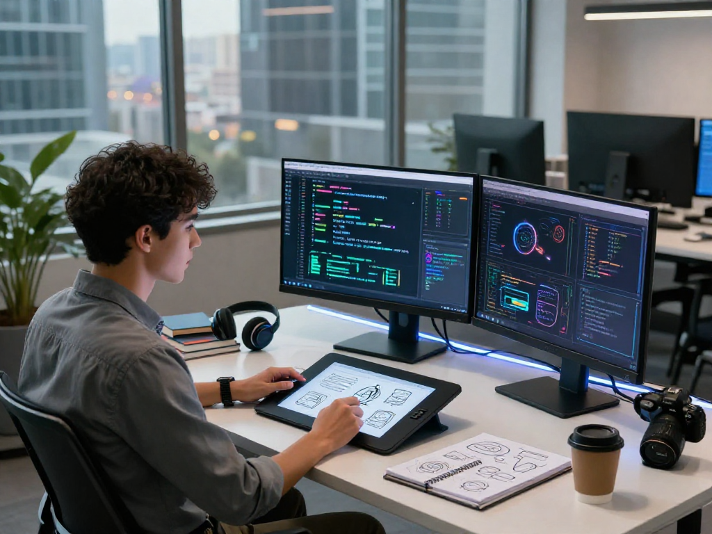 AI 18+ digital workspace with professional using multiple screens for programming and design.
