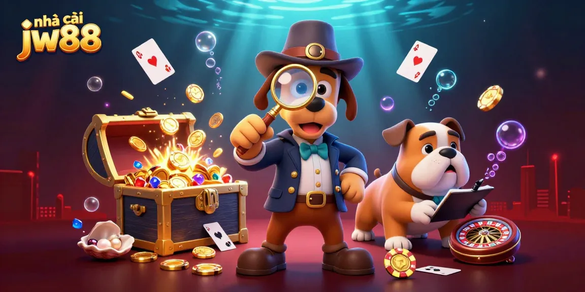 Engage with nhà cái jw88 for thrilling gaming adventures amidst golden poker chips and treasure clues.