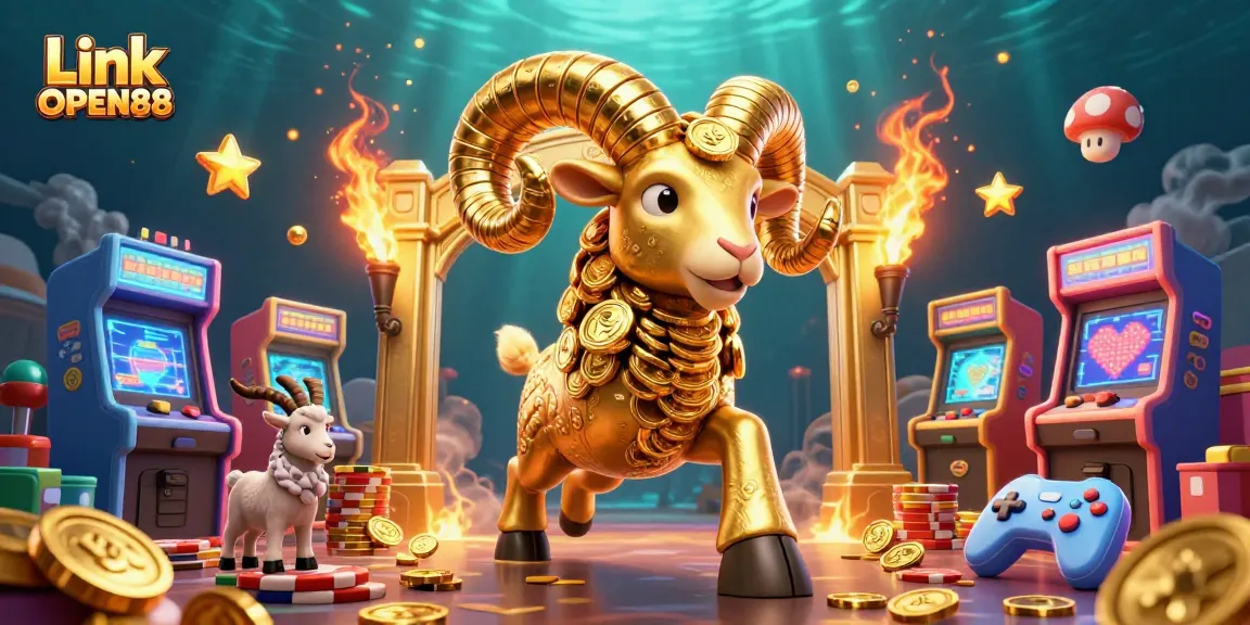 Engage with Link OPEN88, where golden ram meets vibrant casino elements in a dynamic gaming scene.