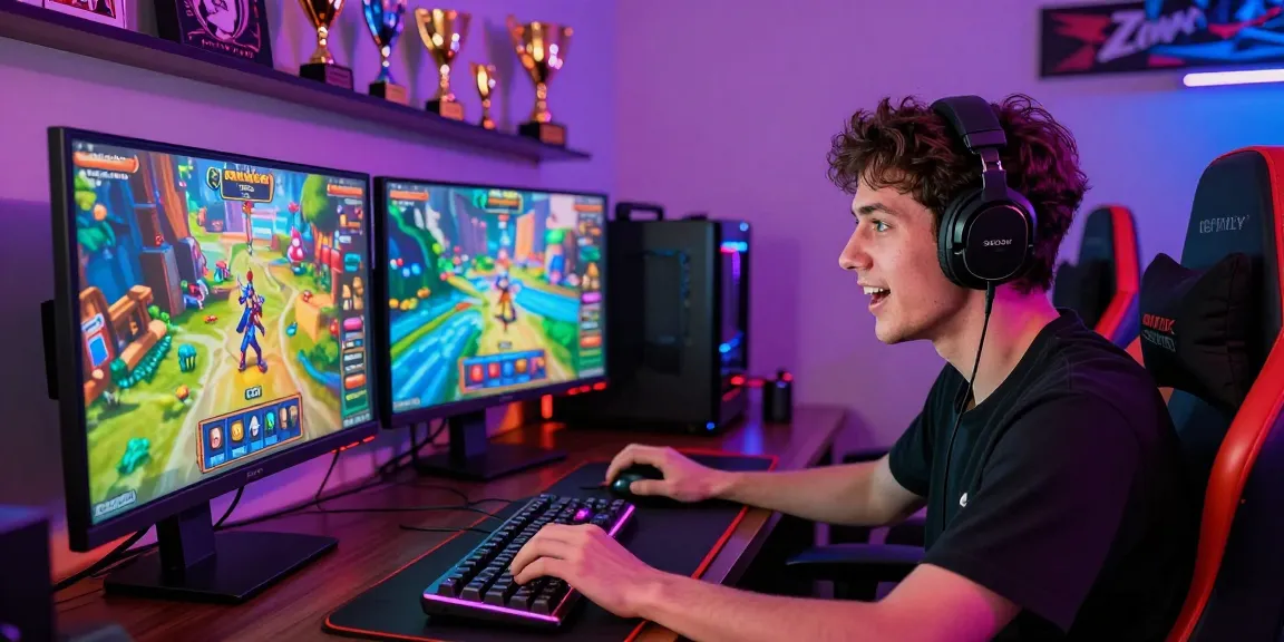 Engaged gamer playing an exciting slot mpo game on dual monitors with gaming setup.