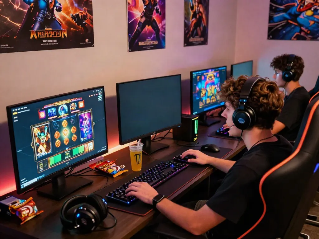 Gamer enjoying situs slot gacor with colorful graphics on the screen, snacks and drinks nearby.