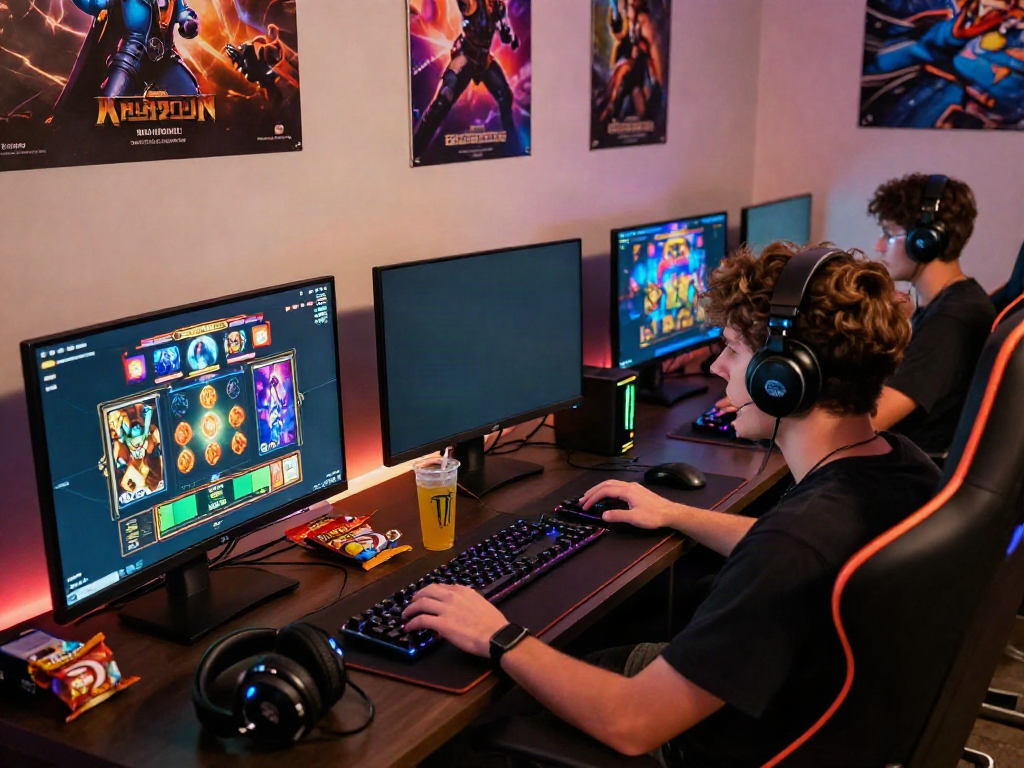 Gamer enjoying situs slot gacor with colorful graphics on the screen, snacks and drinks nearby.
