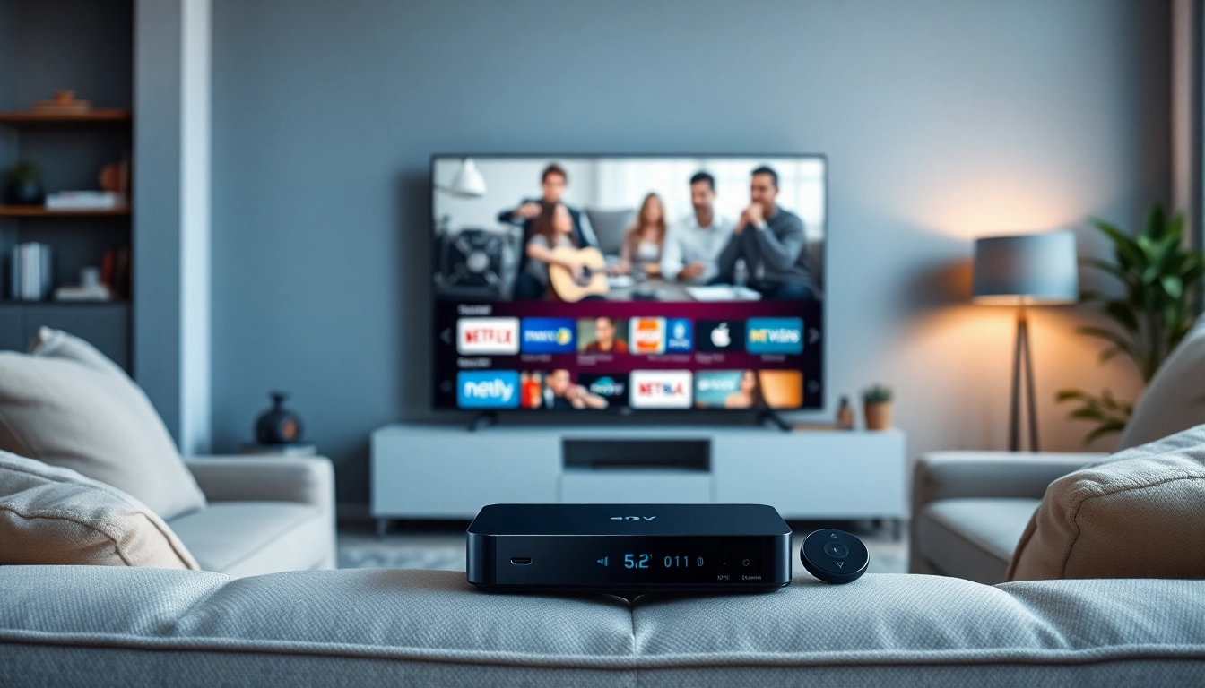 Showcase of a modern IPTV provider in US with a streaming device in a cozy home environment.