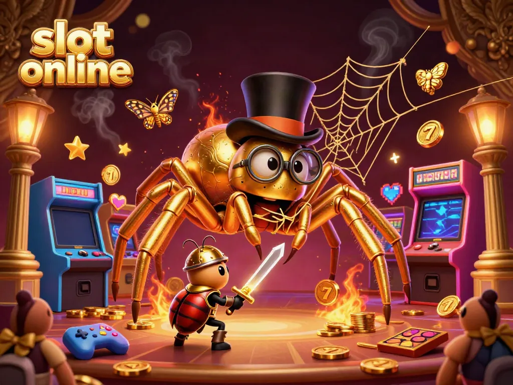 Engage in vibrant slot online action with a cartoon tarantula and beetle knight in a casino setting.