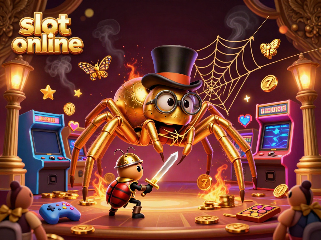 Engage in vibrant slot online action with a cartoon tarantula and beetle knight in a casino setting.